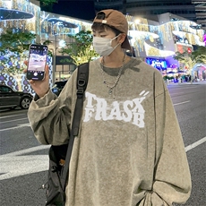 直播品质重磅纯棉美式蜡染水洗做旧潮牌宽松长袖t恤CT325特P38，男装T恤，电商A486