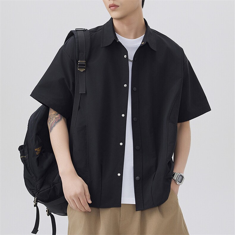 夏季纯色短袖衬衣男宽松落肩质感半袖衬衫A157B-CS4200-P45,男装T恤,电商A157B