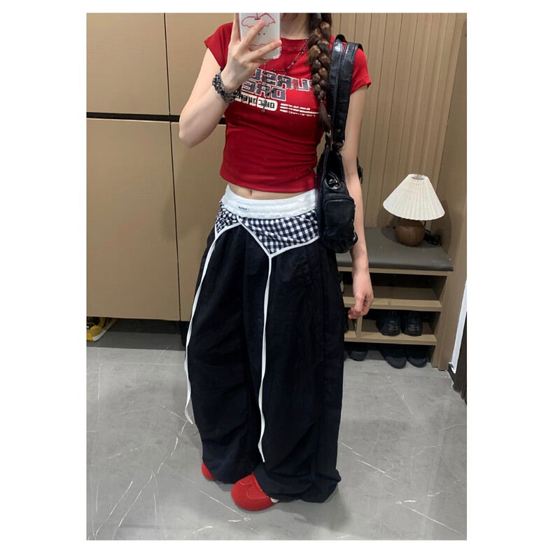 美式复古叠穿阔腿伞兵裤女2025夏季新款格子百搭设计感褶皱休闲裤,女装休闲裤,星座1210-1
