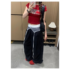 美式复古叠穿阔腿伞兵裤女2025夏季新款格子百搭设计感褶皱休闲裤，女装休闲裤，星座1210-1
