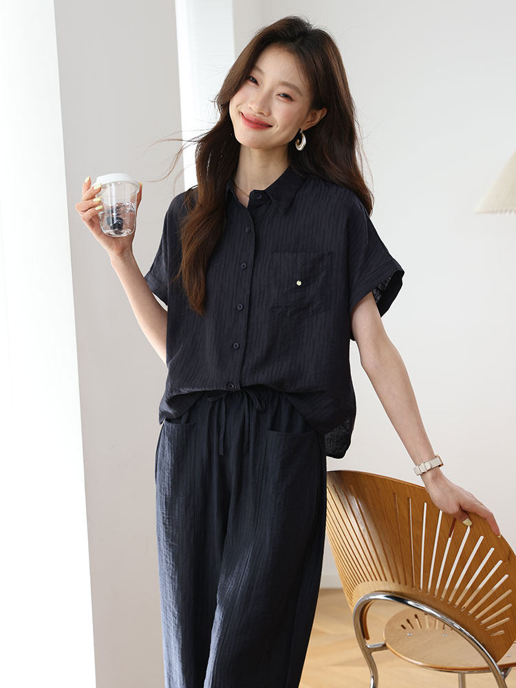 2026年夏季新款短袖衬衫休闲裤两件套,女装套装/套裙,雪樱依海