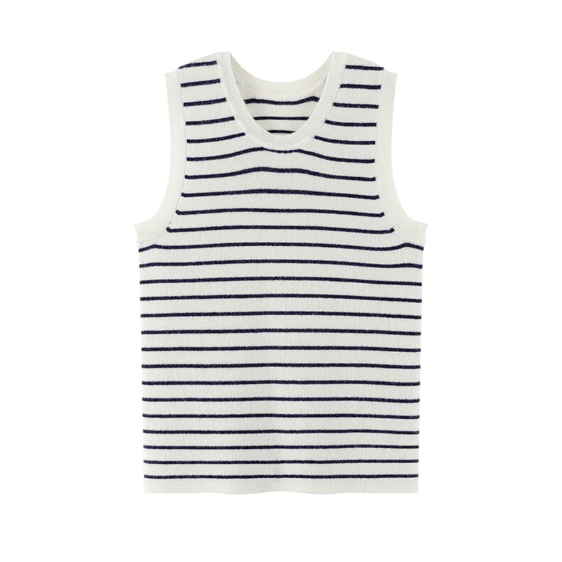 2025舒适百搭圆领条纹宽肩带背心，女装羊绒衫，绒默