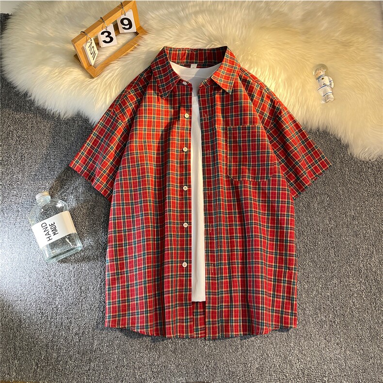 B413-1-CS292纯棉格子短袖衬衫青少年宽松半袖衬衣特P40控69，男装衬衫，电商B413-1