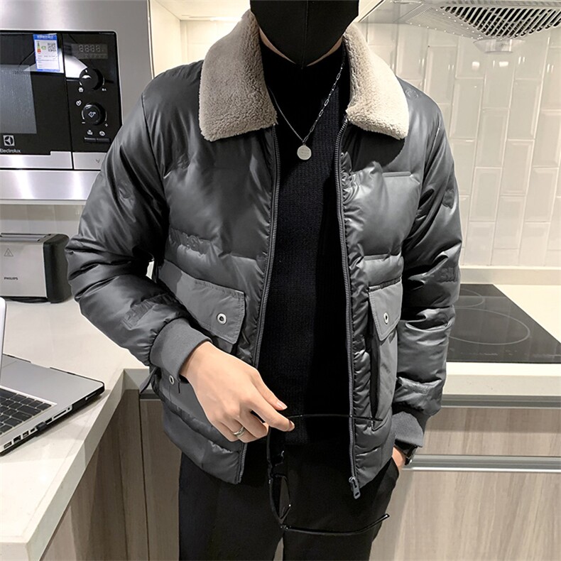 B353906P160灰色无头风冬毛领亮面压花字母男羽绒上衣外套,男装羽绒服,电商B353