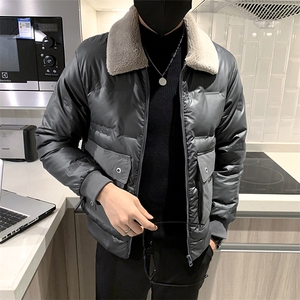 B353906P160灰色无头风冬毛领亮面压花字母男羽绒上衣外套