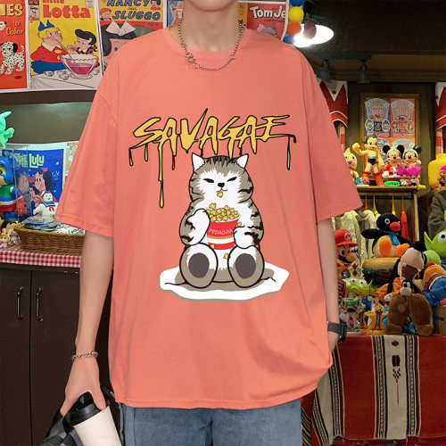 2021夏新爆米花猫印花纯棉短袖玩具手办风宽松大码T恤T003P23,男装T恤,电商A001