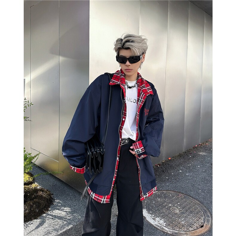 Q17/P69美式小众格子拼接假两件外套男女春复古工装飞行员夹克潮,男装夹克,星座1506