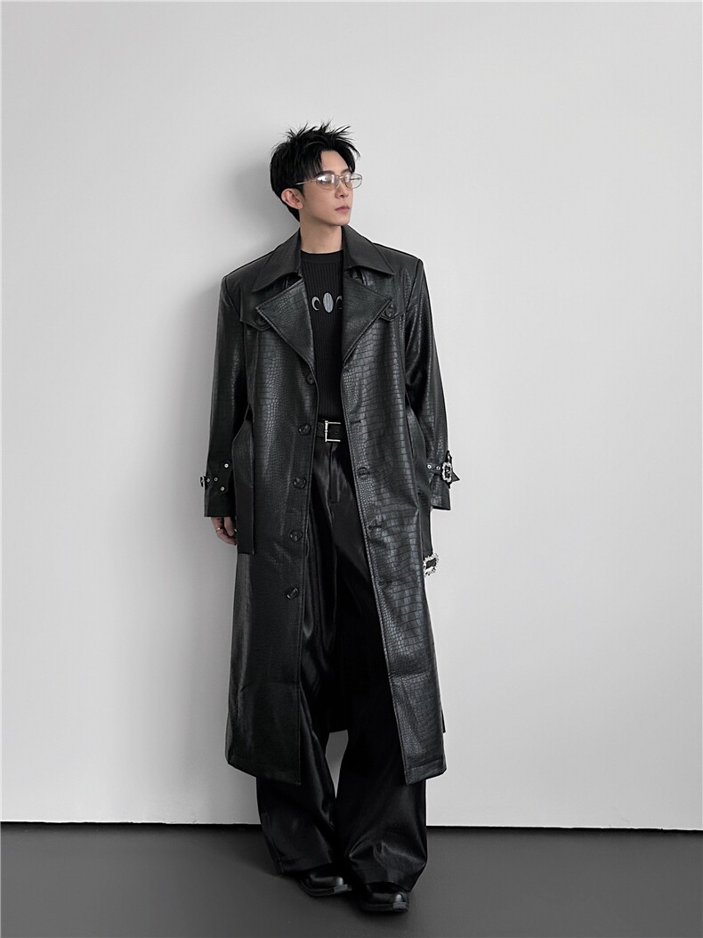 26春夏男士鳄鱼皮暗黑风设计感长款pu皮风衣mj1120-p218，男装风衣，电商B288