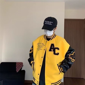 【档口大货】DJK1028-批70原版刺绣棒球服男女春秋新款皮拼接夹克图片