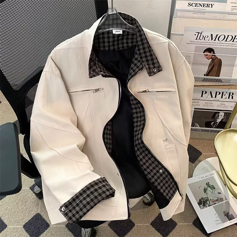 W11033-P85网图现货春季新款工装夹克飞行员外套翻领假两件外套,男装夹克,星座1608