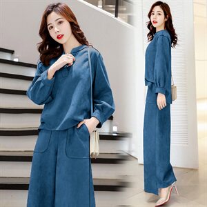 时尚两件套女2023秋装新款气质百搭长袖休闲V领鹿皮绒阔腿裤套装图片
