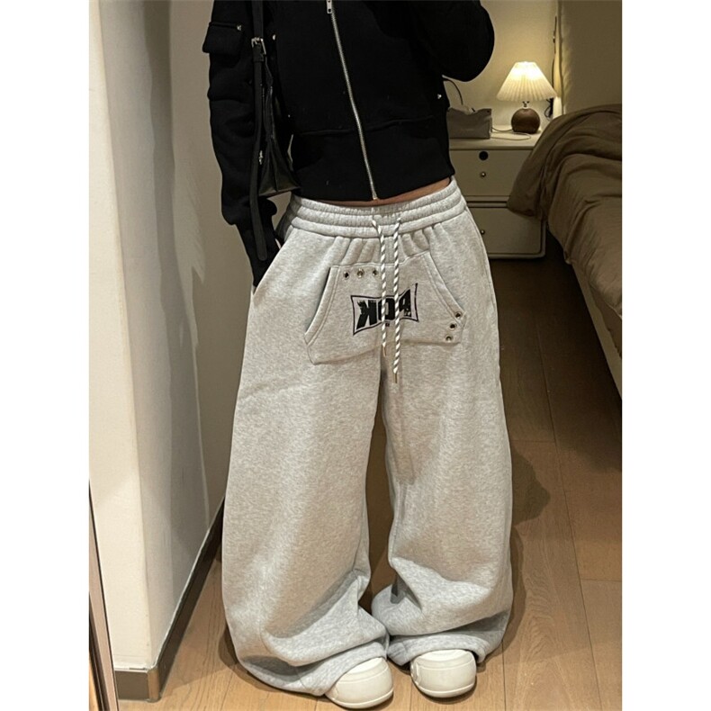 布零零字母灰色加绒卫裤女秋冬加厚宽松弯刀阔腿美式休闲运动裤男,男装休闲裤,星座506A