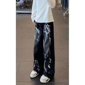 涂鸦印花牛仔裤男款阔腿宽松设计感小众裤子嘻哈阔腿长裤 N99111图片