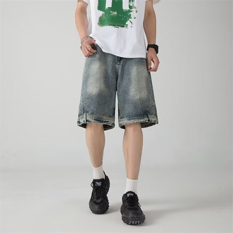 美式复古做旧反穿牛仔短裤男夏季潮牌宽松直筒五分裤A2355-p45,男装牛仔裤,星座1008