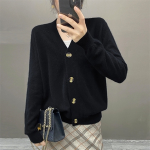 2023秋季新款山羊绒衫女V领宽松显瘦套头长袖羊绒针织衫外套图片