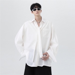 春季纯色翻领飘带衬衫男宽松百搭衬衣抗皱垂感韩版休闲上衣p48图片