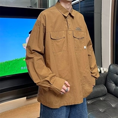 日系复古简约字母刺绣衬衫男士长袖翻领多口袋休闲衬衣春秋季外套，男装衬衫，星座716-4