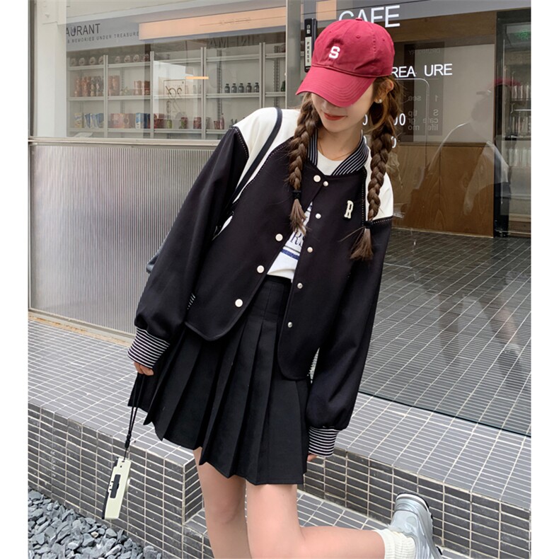 23年秋季新款小众撞色拼接黑色棒球服82378-P140-K188,女装短外套,一九零