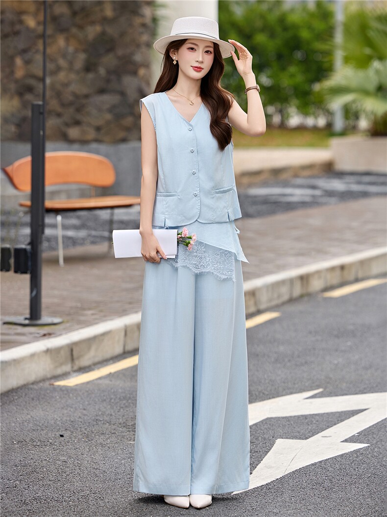 现货轻熟风气质套装女2026夏季麻料薄款西装马甲上衣阔腿裤两件套,女装套装/套裙,艾仟回(原伊仟回)