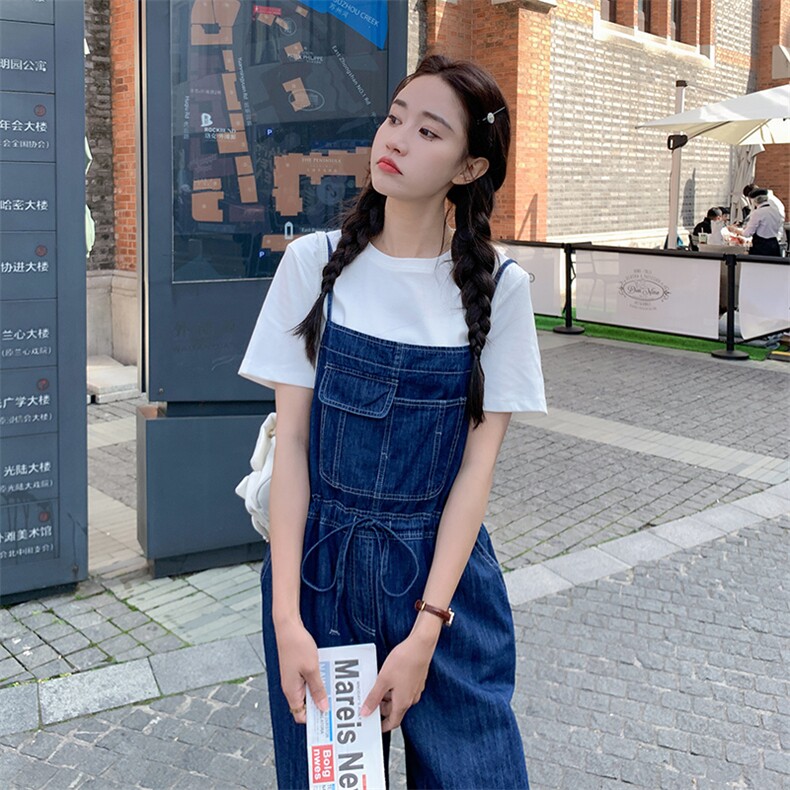 深蓝夏收腰牛仔背带裤女小个子高腰宽松直筒长裤新款时尚,女装连体裤,辉之琳