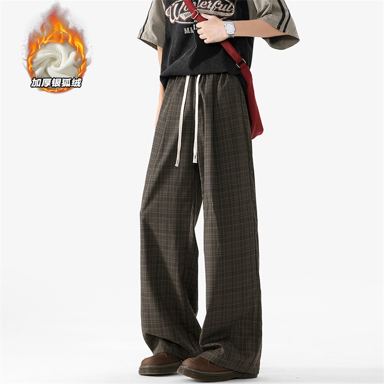 冬季保暖银狐绒中性风男宽松直筒格子阔腿裤K5714J加绒-特P45控88，男装棉衣，电商A001-1