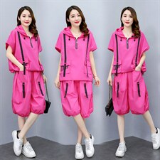 2022夏季新款时尚宽松运动套装女短袖连帽两件套休闲裤，女装套装/套裙，橙子家