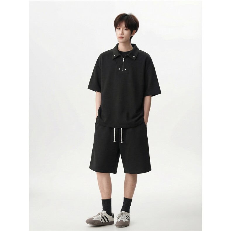 半拉链polo短袖抽绳短裤套装oversize宽松少年感套装T926P55控88,男装牛仔裤,电商A102B