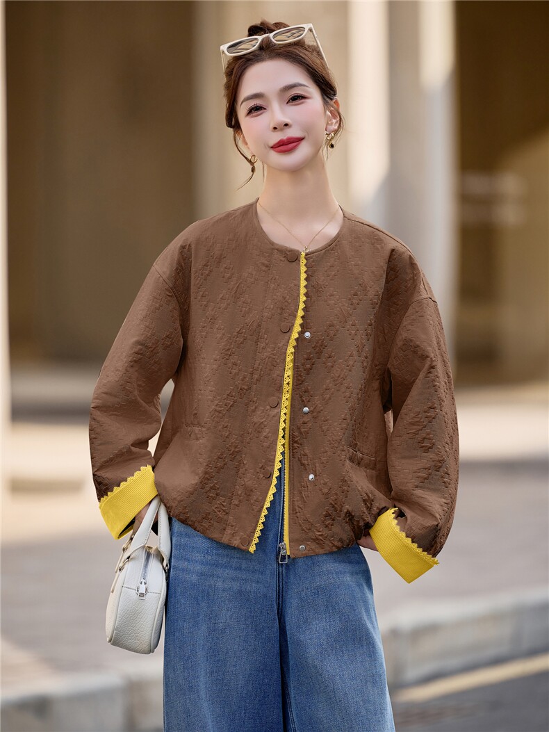 2026春秋撞色花边短外套女圆领提花宽松洋气中年妈妈休闲夹克上衣,女装短外套,余墨