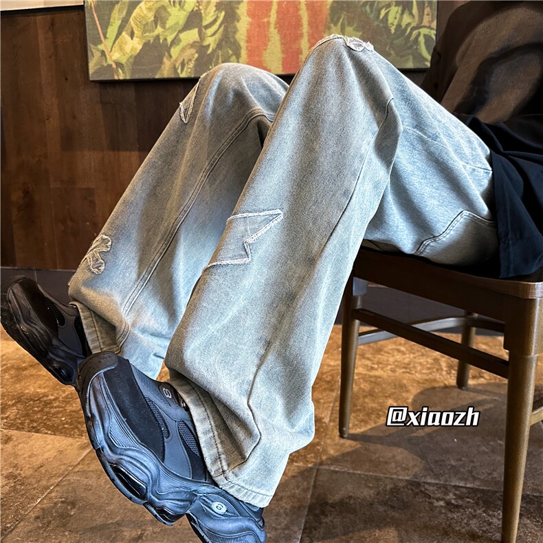 XZ616秋季新款贴布毛边闪电十字架休闲牛仔裤TY1076特P65控78,男装牛仔裤,星座512A（原616）