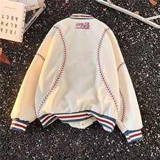 美式复古刺绣撞色毛呢棒球服男女秋冬季宽松情侣装休闲外套，女装短外套，星座601-1