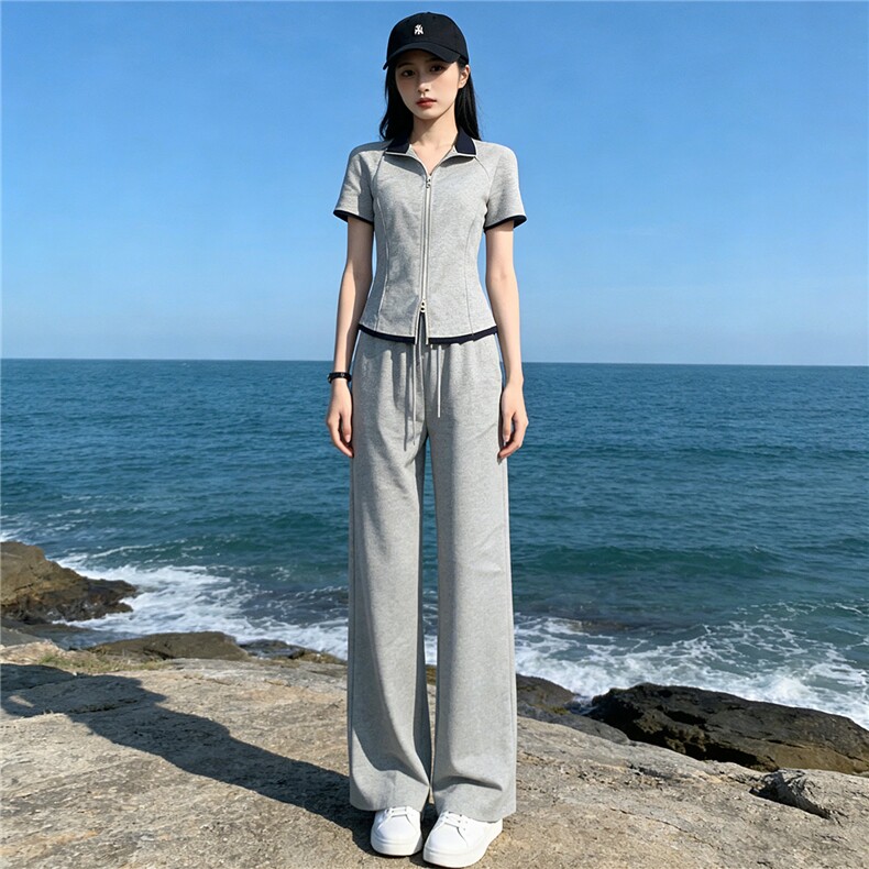 欧货时尚休闲运动套装女夏新款简约立领拼短袖上衣直筒长裤两件套,女装套装/套裙,江南