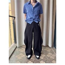 逃离光复南皇家蓝色格纹抽绳短袖衬衫男女短款miu系上衣CS2278，男装T恤，星座208-5