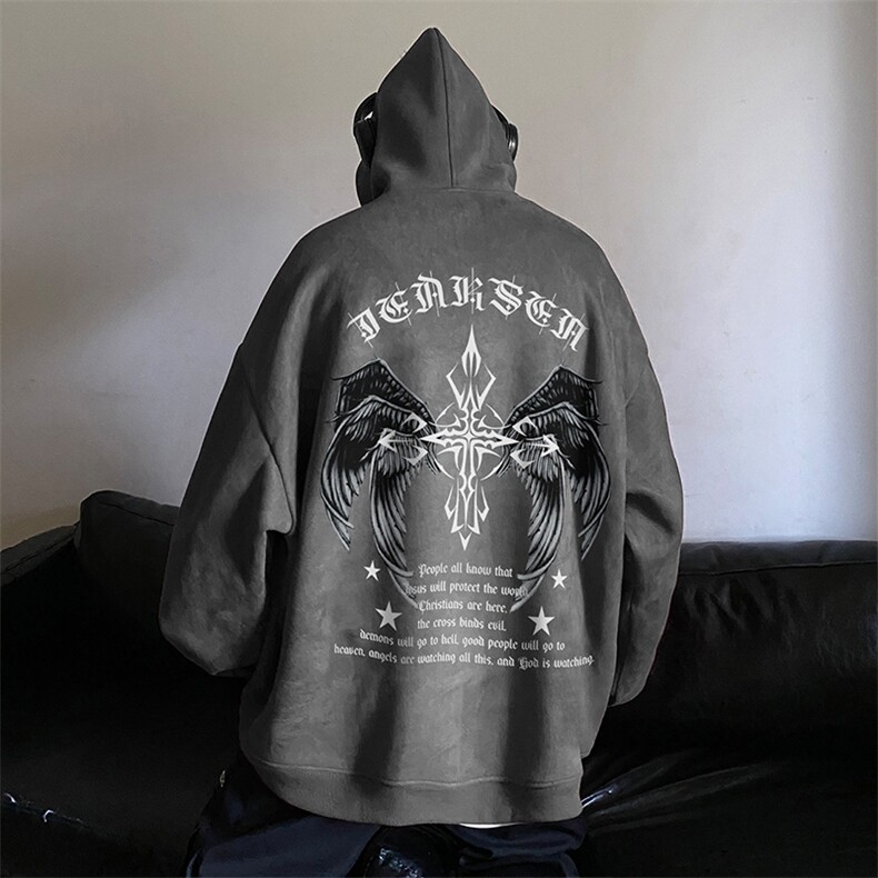 新款大码麂皮连帽卫衣男美式复古印花宽松炸街JK23505特批45控78,男装卫衣,星座605(原A050)