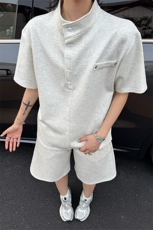 夏季港风日系套头亨利领短袖T恤+短裤两件套XZ213-TZ099-P70控98，男装牛仔裤，星座213
