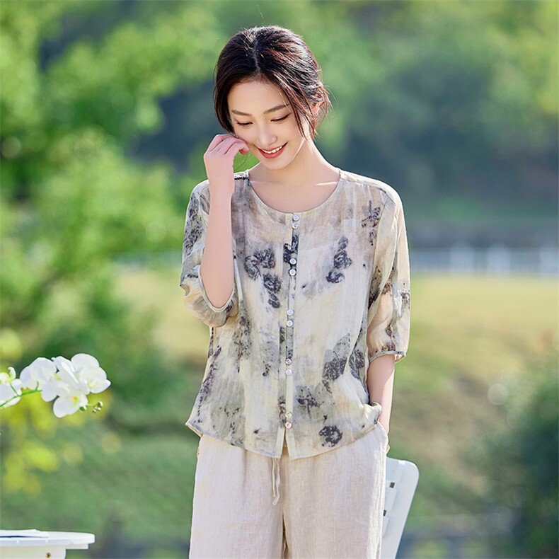 2026年夏季文艺风短袖宽松亲肤透气薄苎麻文艺/优雅,女装衬衫,江南依恋