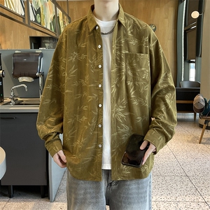 精品秋冬新款港风男大码灯芯绒衬衫外套宽松印花长袖衬衣/851p45图片