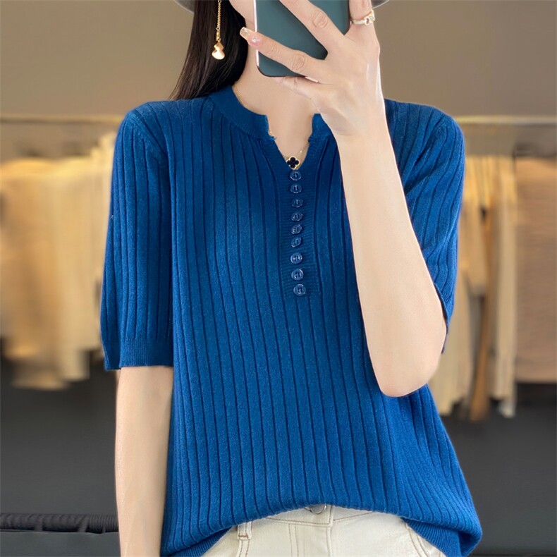 夏季新款抽条多扣短袖女,女装T恤,贵皇网供仓