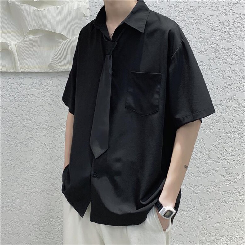 配领带夏季薄款短袖衬衫男港风宽松班服DK学院风衬衣C318-P30,男装T恤,电商D202