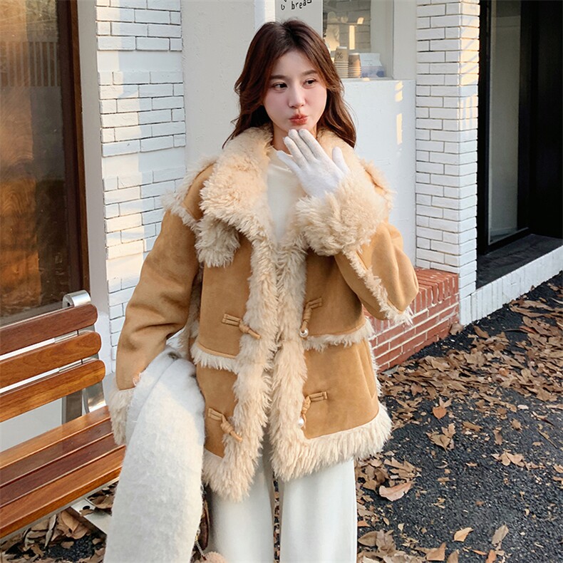 麂皮绒皮毛一体羊羔毛外套女2024冬新款时尚宽松毛茸茸机车服棉服,女装羊羔毛/颗粒绒,秋水欣儿