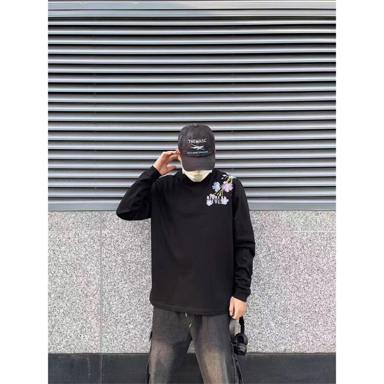网图有货情侣重工刺绣过肩花丛长袖休闲百搭纯棉T恤男女A950-P45,男装T恤,星座1505