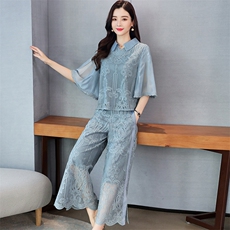 纯色2021年夏季方领时尚舒适气质优雅淑女五分袖简约百搭套装，女装套装/套裙，悠米