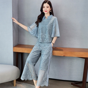 纯色2021年夏季方领时尚舒适气质优雅淑女五分袖简约百搭套装图片