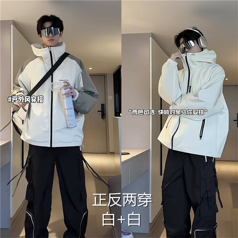 网图新加红色双面穿冲锋衣连帽立领防风防水外套夹克J3044-P80,男装夹克,星座1213