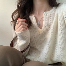 时尚百搭女士秋季新款简约V领针织衫长袖修身显瘦毛衣外套，女装针织衫/毛衣，悦玛羊绒