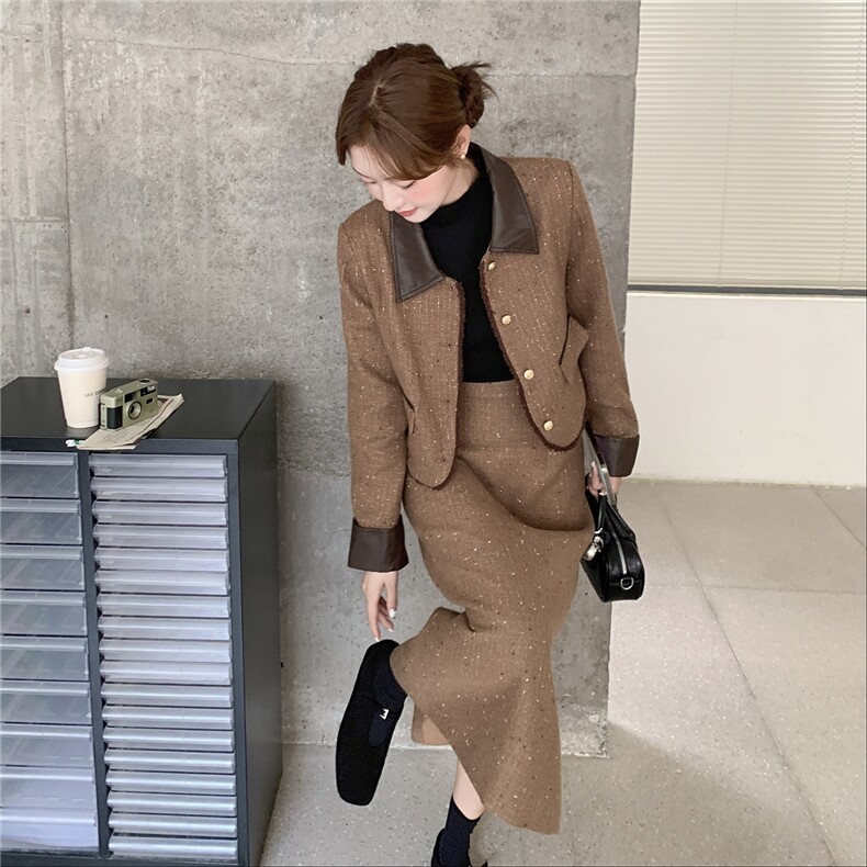 小香风PU皮翻领咖色毛呢半身裙套装女秋冬加棉加厚大方得体两件套,女装套装/套裙,1D102-1