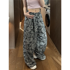 棉麻风提花阔腿裤子男新款复古慵懒宽松直筒休闲拖地裤D506/P55，男装休闲裤，星座206（原A221）
