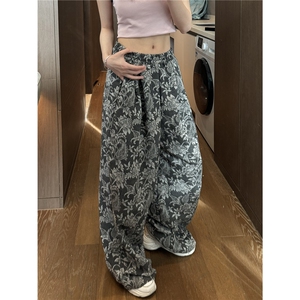 棉麻风提花阔腿裤子男新款复古慵懒宽松直筒休闲拖地裤D506/P55图片