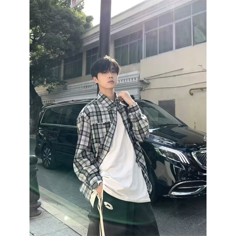 高品质秋款男长袖衬衫格子小贴标纯棉休闲外套CS86P40,男装衬衫,星座1013-1
