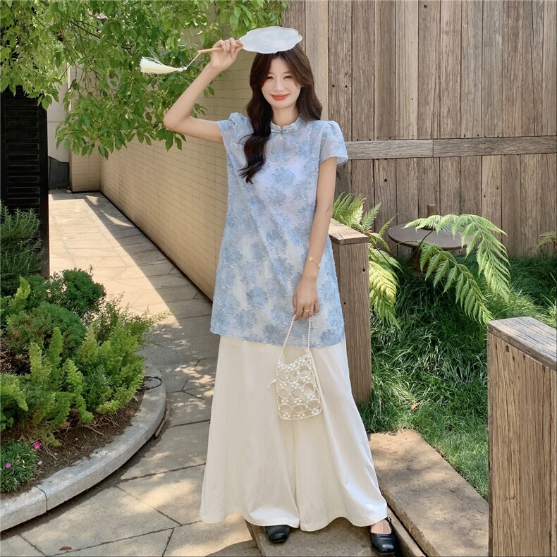 新中式国风气质蕾丝上衣阔腿裤套装女夏2025新款超好看两件套甜美,女装套装/套裙,2C135