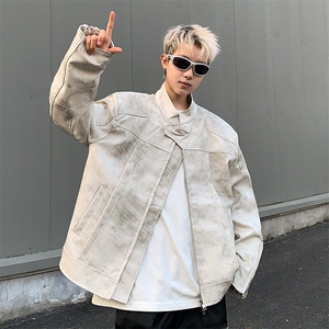 JK8813-P88美式小众高级感立领机车垫肩皮衣夹克图片